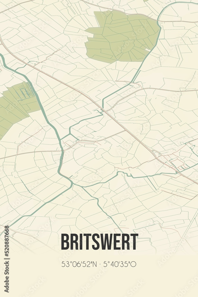 Retro Dutch city map of Britswert located in Fryslan. Vintage street map.