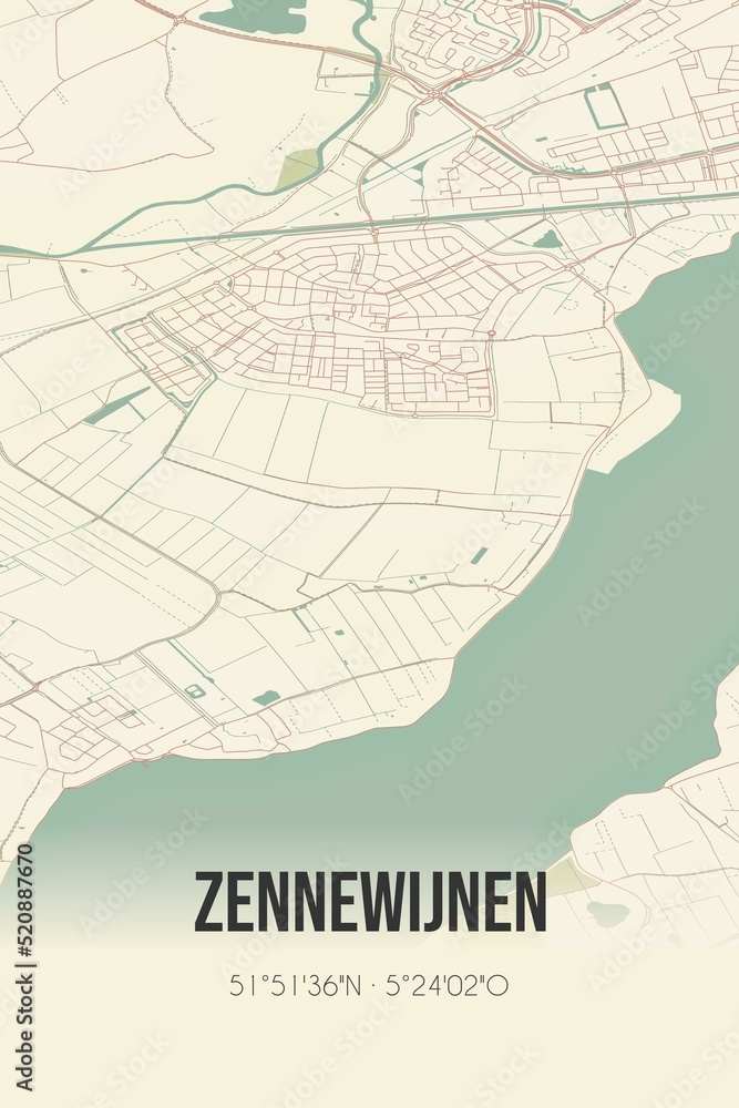 Obraz premium Retro Dutch city map of Zennewijnen located in Gelderland. Vintage street map.