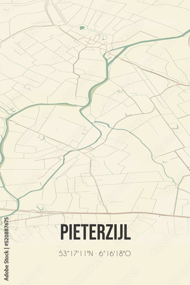 Retro Dutch city map of Pieterzijl located in Groningen. Vintage street map.
