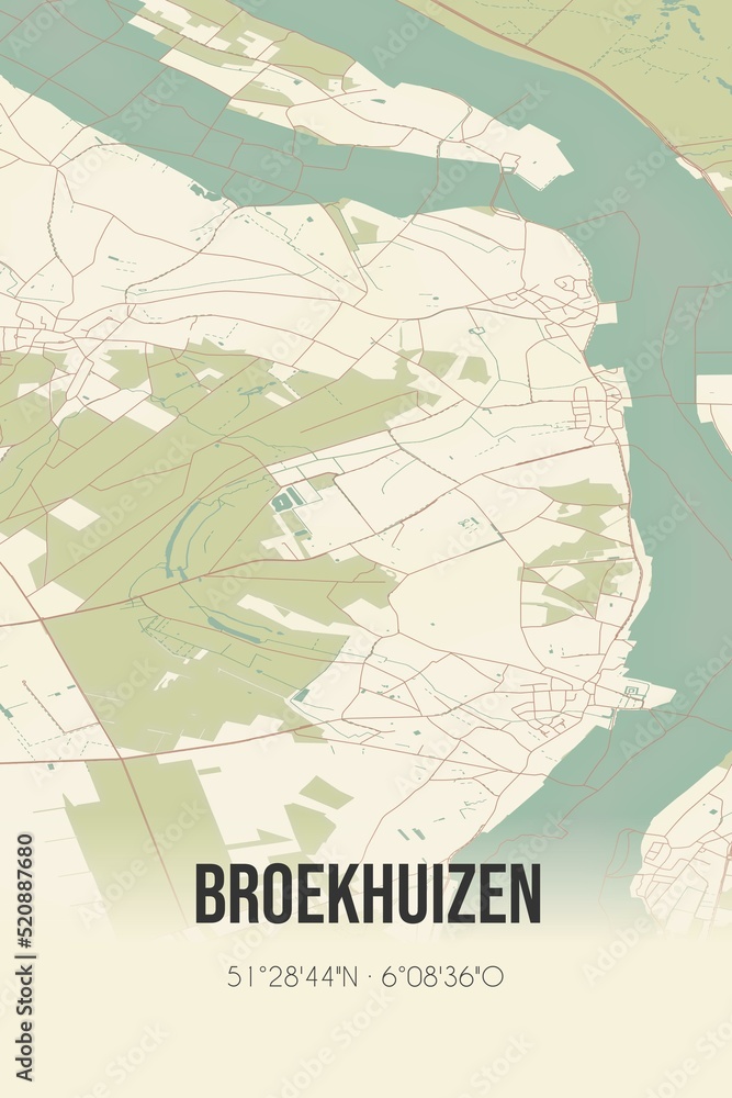 Retro Dutch city map of Broekhuizen located in Limburg. Vintage street map.