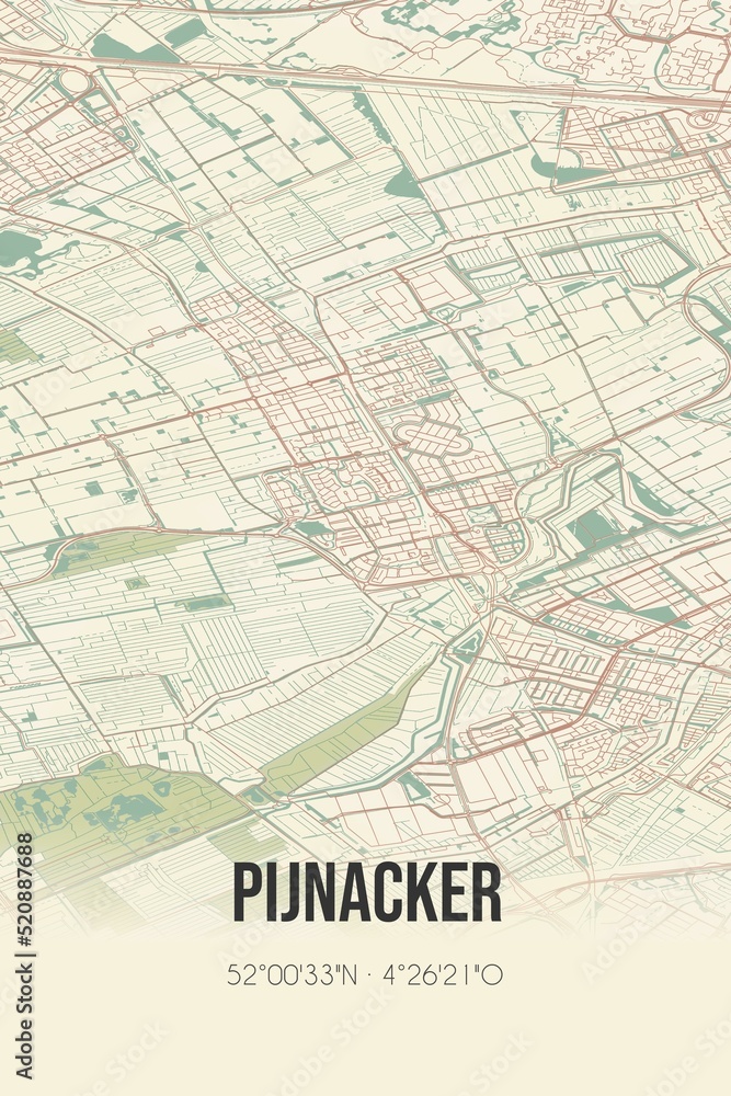 Retro Dutch city map of Pijnacker located in Zuid-Holland. Vintage street map.