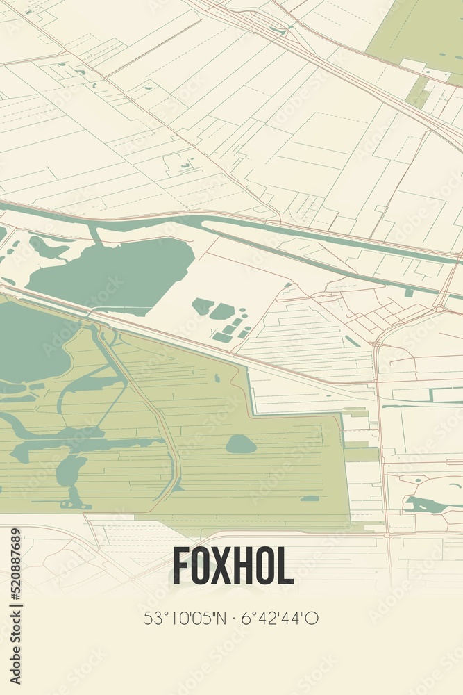Obraz premium Retro Dutch city map of Foxhol located in Groningen. Vintage street map.
