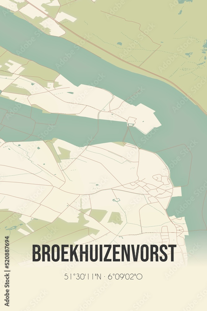 Fototapeta premium Retro Dutch city map of Broekhuizenvorst located in Limburg. Vintage street map.