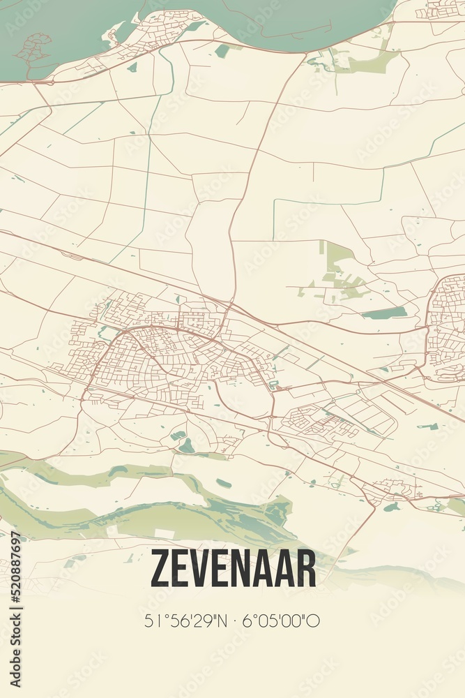 Retro Dutch city map of Zevenaar located in Gelderland. Vintage street map.