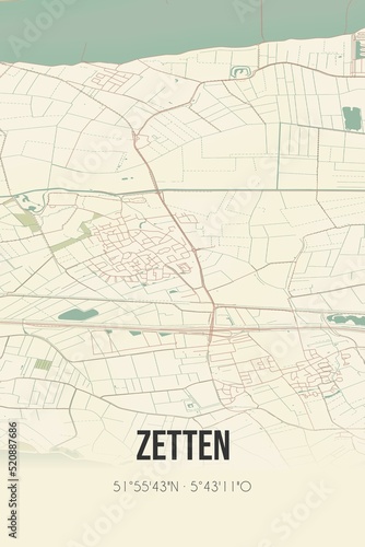 Retro Dutch city map of Zetten located in Gelderland. Vintage street map. photo