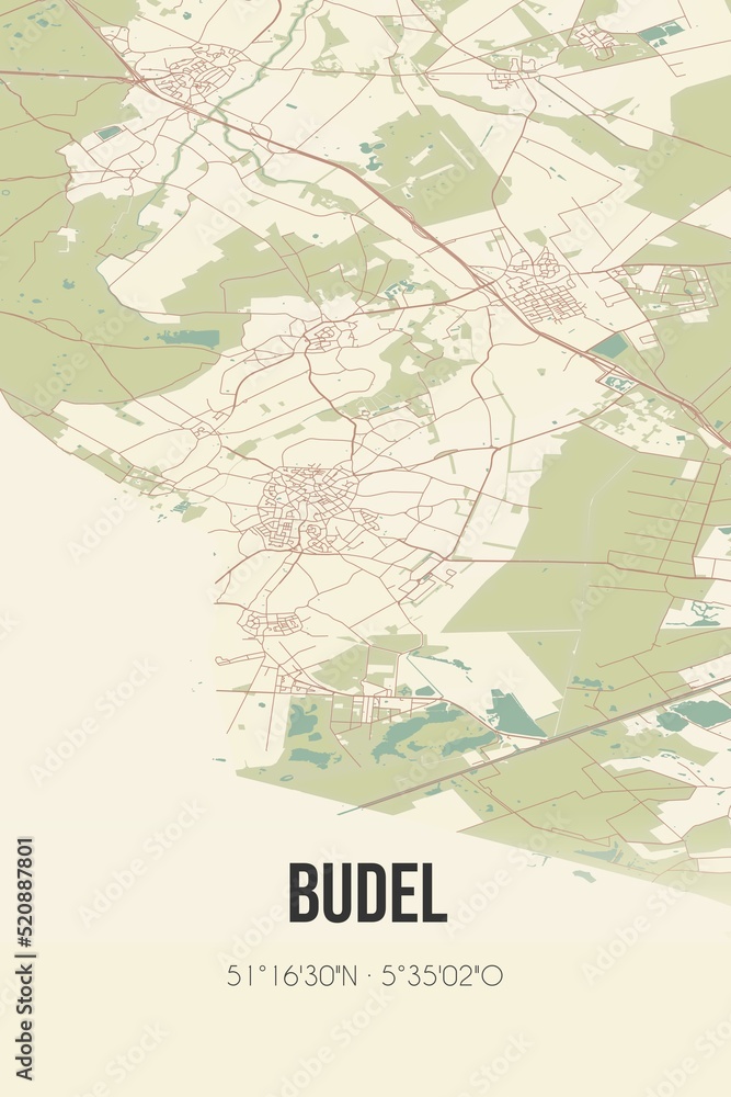 Retro Dutch city map of Budel located in Noord-Brabant. Vintage street map.