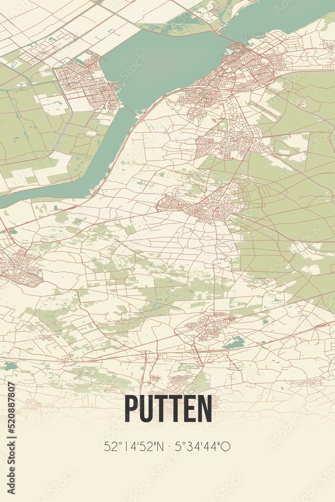 Obraz premium Retro Dutch city map of Putten located in Gelderland. Vintage street map.