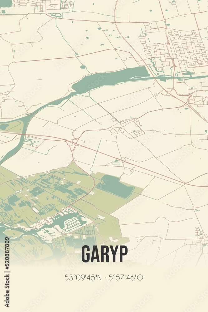 Retro Dutch city map of Garyp located in Fryslan. Vintage street map.