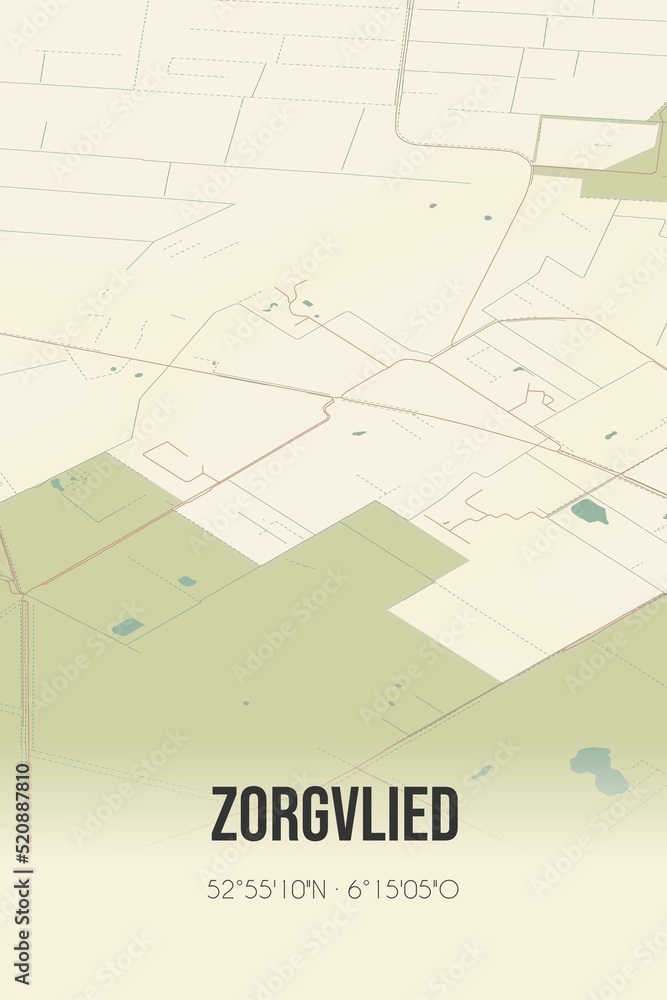 Retro Dutch city map of Zorgvlied located in Drenthe. Vintage street map.