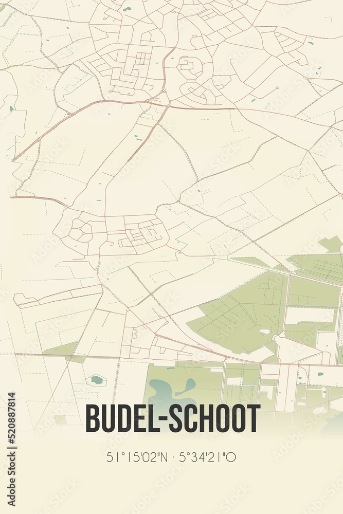 Retro Dutch city map of Budel-Schoot located in Noord-Brabant. Vintage street map.