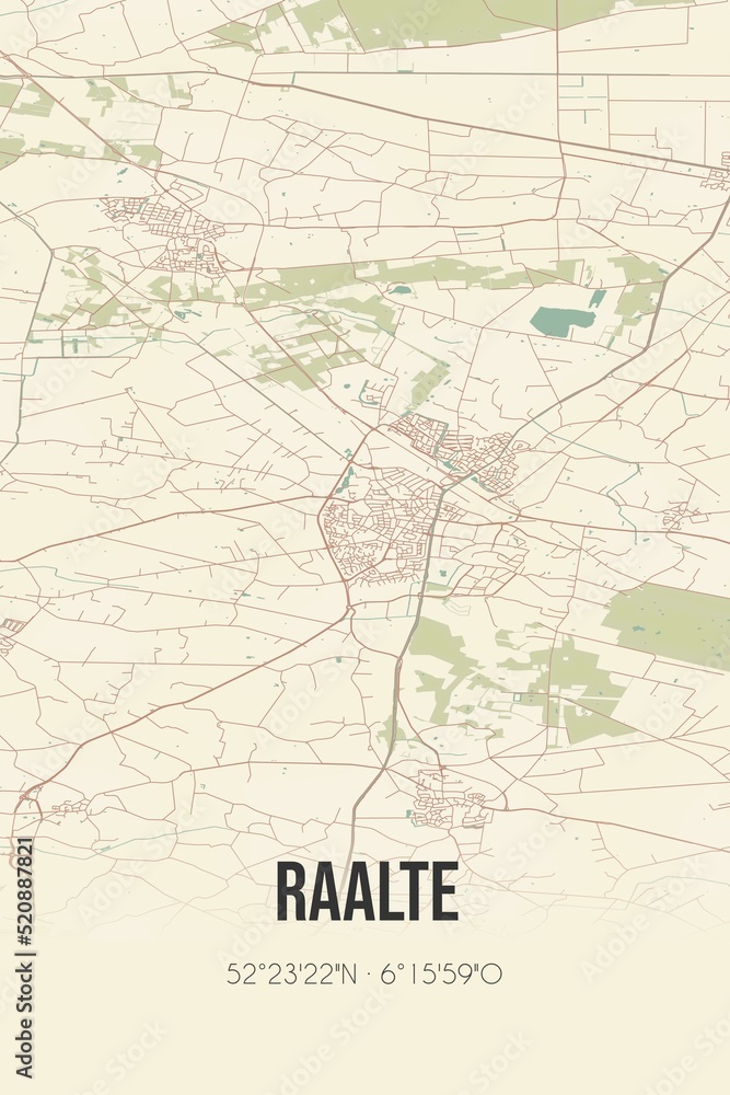 Retro Dutch city map of Raalte located in Overijssel. Vintage street map.