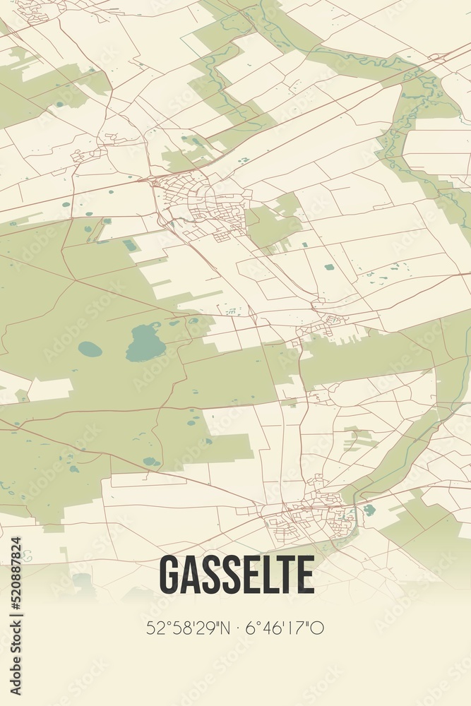 Retro Dutch city map of Gasselte located in Drenthe. Vintage street map.