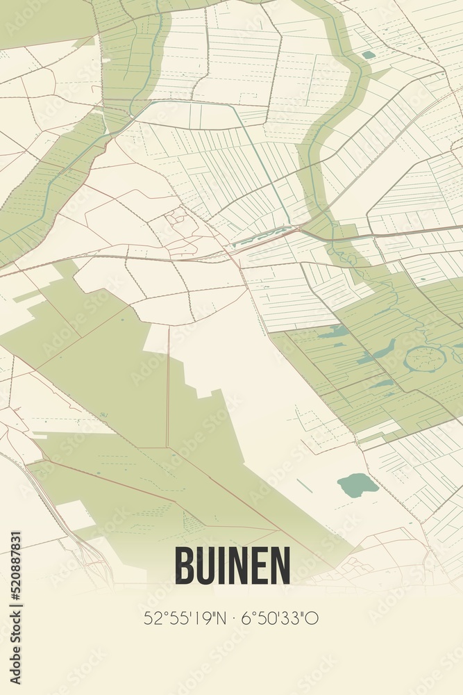 Retro Dutch city map of Buinen located in Drenthe. Vintage street map.
