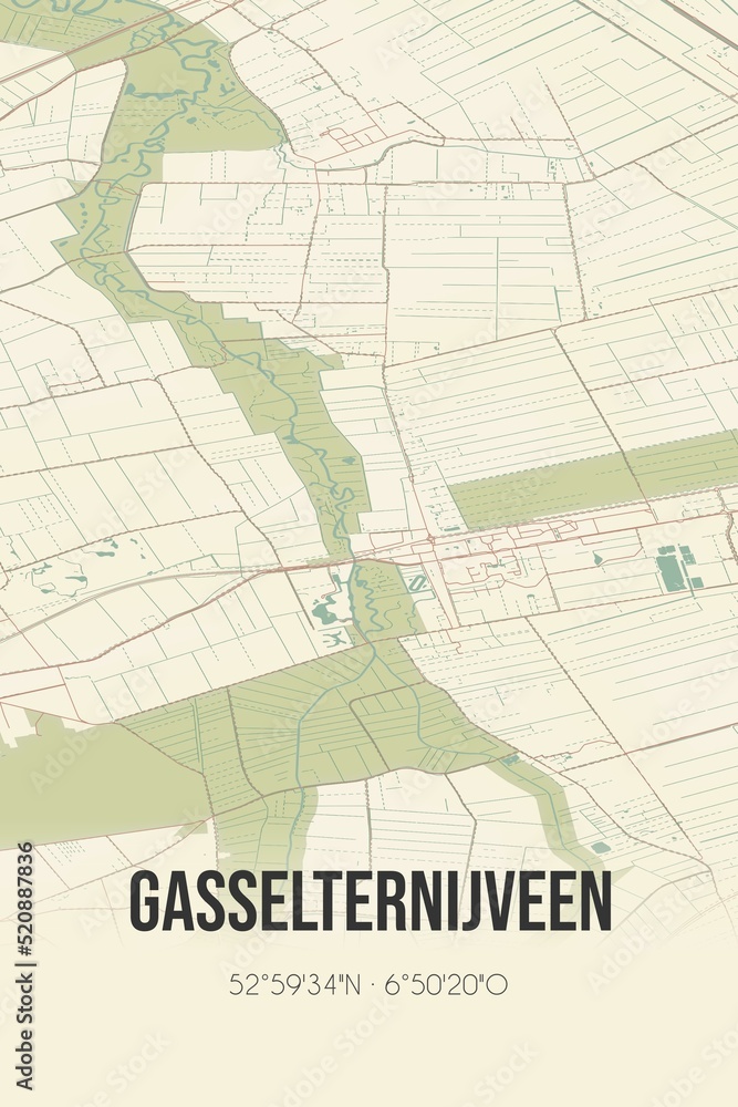 Retro Dutch city map of Gasselternijveen located in Drenthe. Vintage street map.