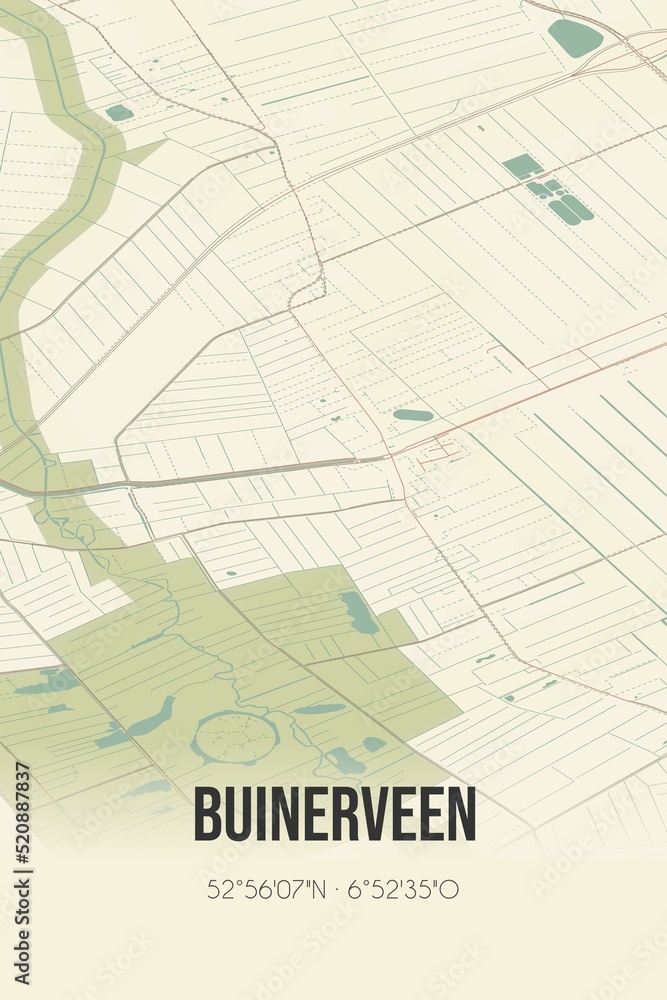Retro Dutch city map of Buinerveen located in Drenthe. Vintage street map.