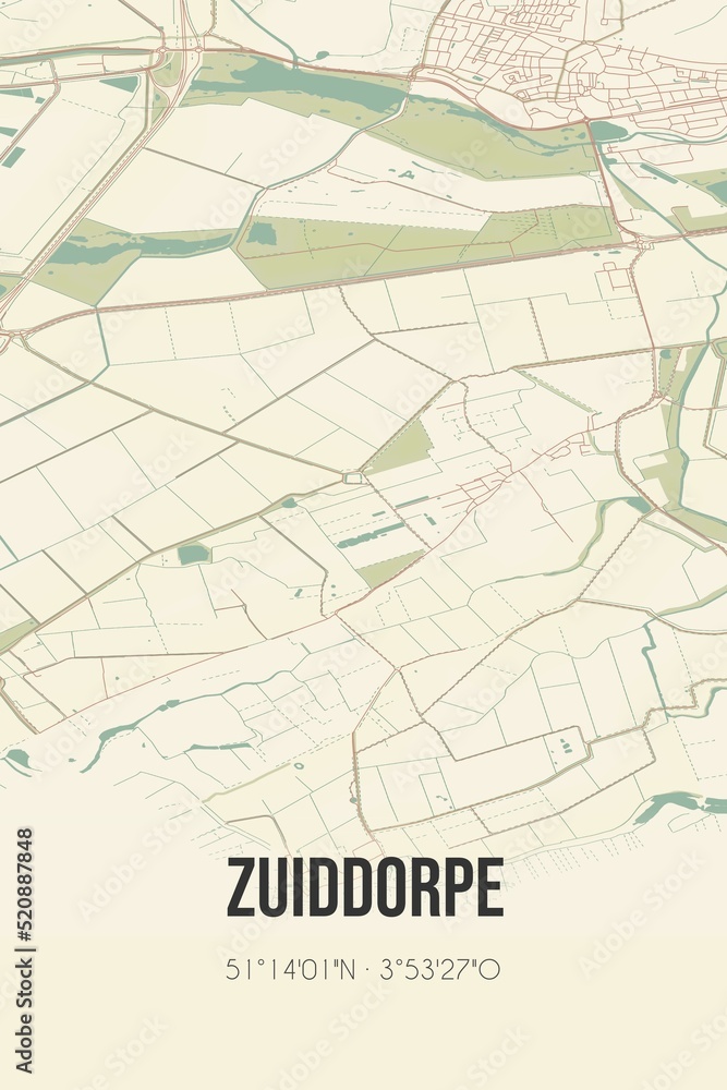 Retro Dutch city map of Zuiddorpe located in Zeeland. Vintage street map.
