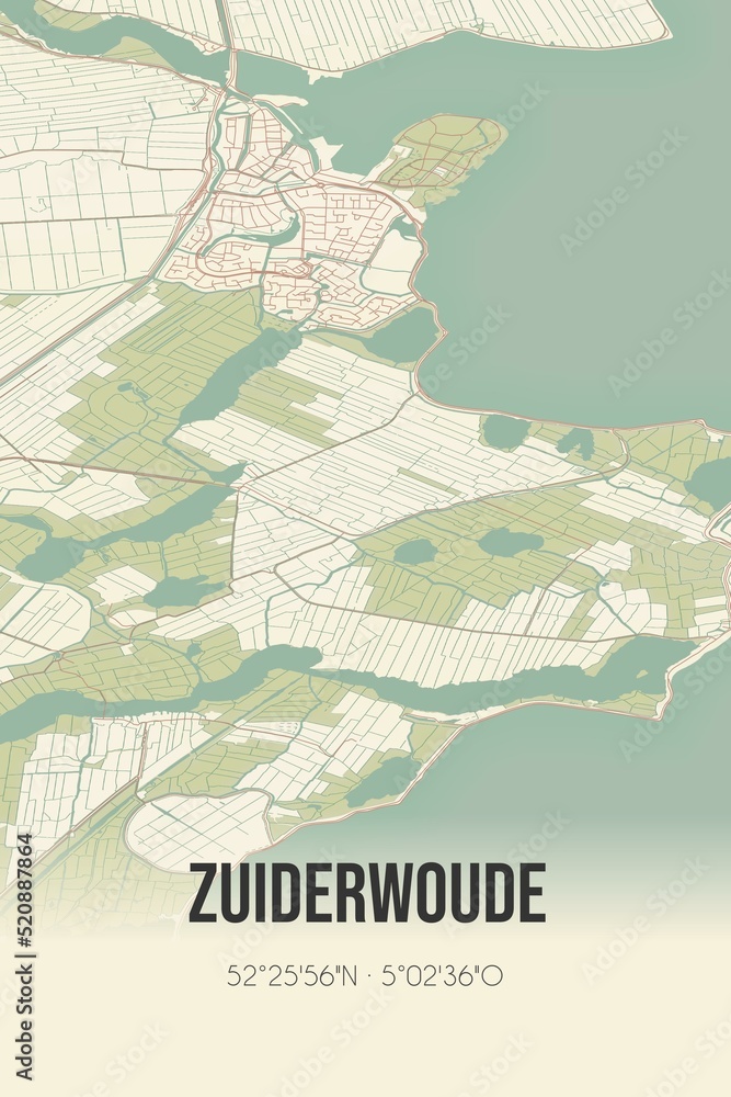 Retro Dutch city map of Zuiderwoude located in Noord-Holland. Vintage street map.
