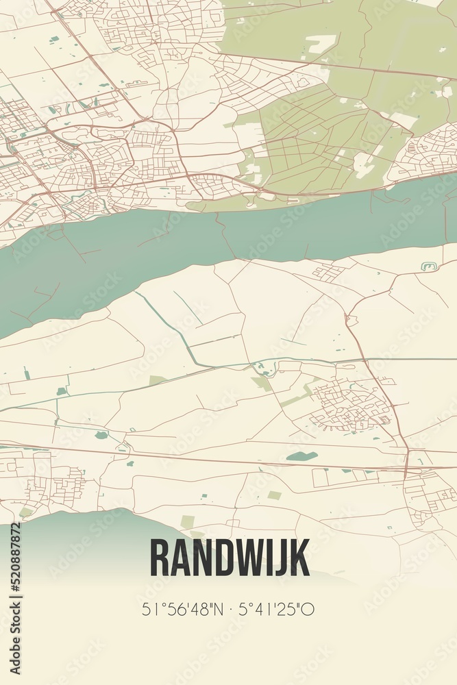 Obraz premium Retro Dutch city map of Randwijk located in Gelderland. Vintage street map.