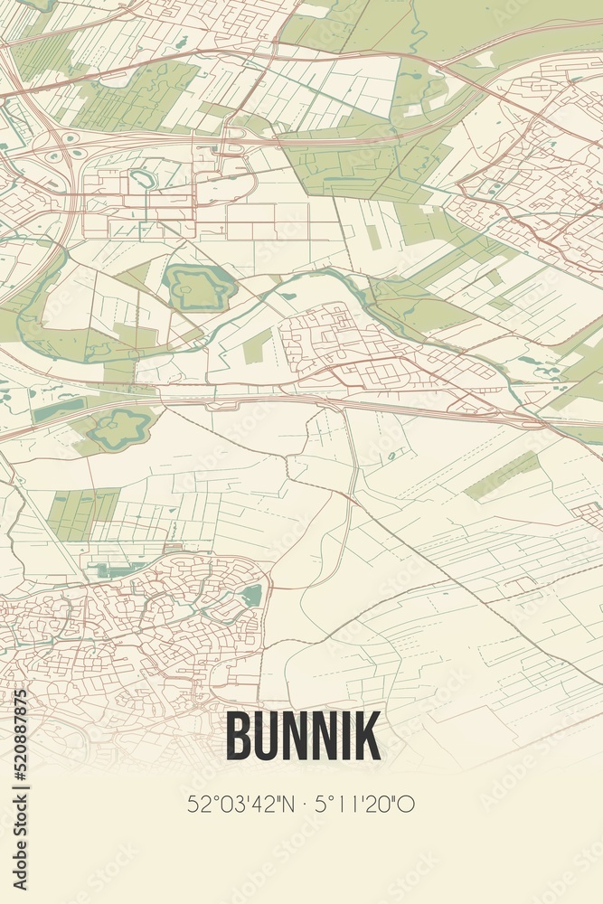 Retro Dutch city map of Bunnik located in Utrecht. Vintage street map.