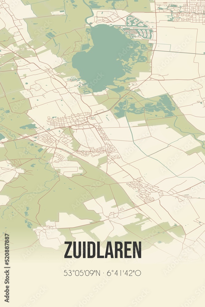 Retro Dutch city map of Zuidlaren located in Drenthe. Vintage street map.