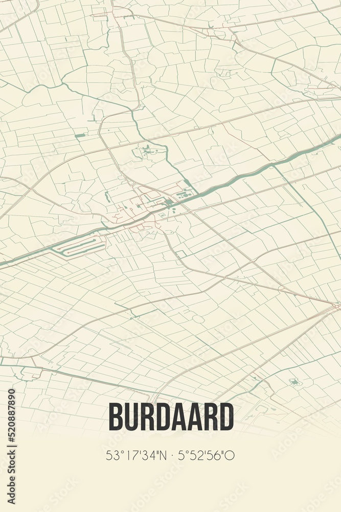 Retro Dutch city map of Burdaard located in Fryslan. Vintage street map. Retro Dutch city map of Burdaard located in Fryslan. Vintage street map.