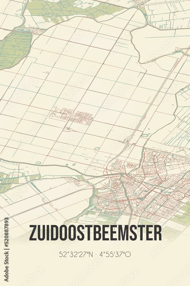 Retro Dutch city map of Zuidoostbeemster located in Noord-Holland. Vintage street map. Retro Dutch city map of Zuidoostbeemster located in Noord-Holland. Vintage street map.