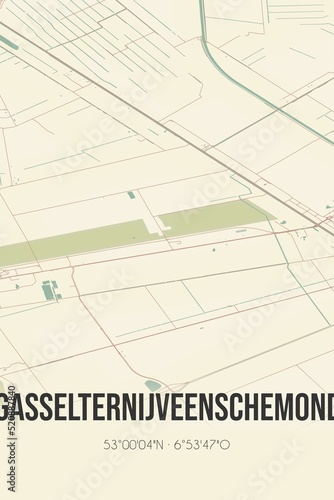 Retro Dutch city map of Gasselternijveenschemond located in Drenthe. Vintage street map.