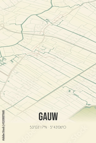 Retro Dutch city map of Gauw located in Fryslan. Vintage street map.