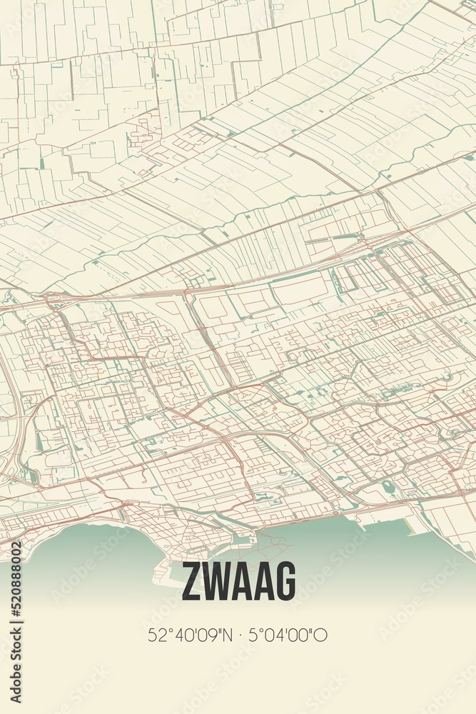 Retro Dutch city map of Zwaag located in Noord-Holland. Vintage street map.