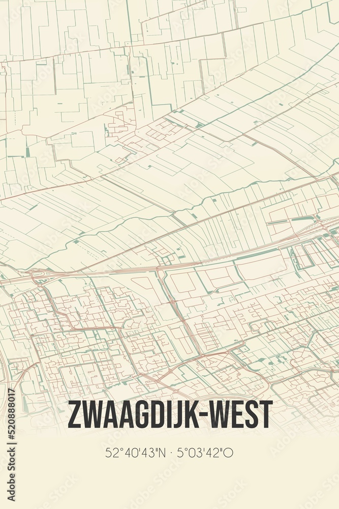 Retro Dutch city map of Zwaagdijk-West located in Noord-Holland. Vintage street map. Retro Dutch city map of Zwaagdijk-West located in Noord-Holland. Vintage street map.
