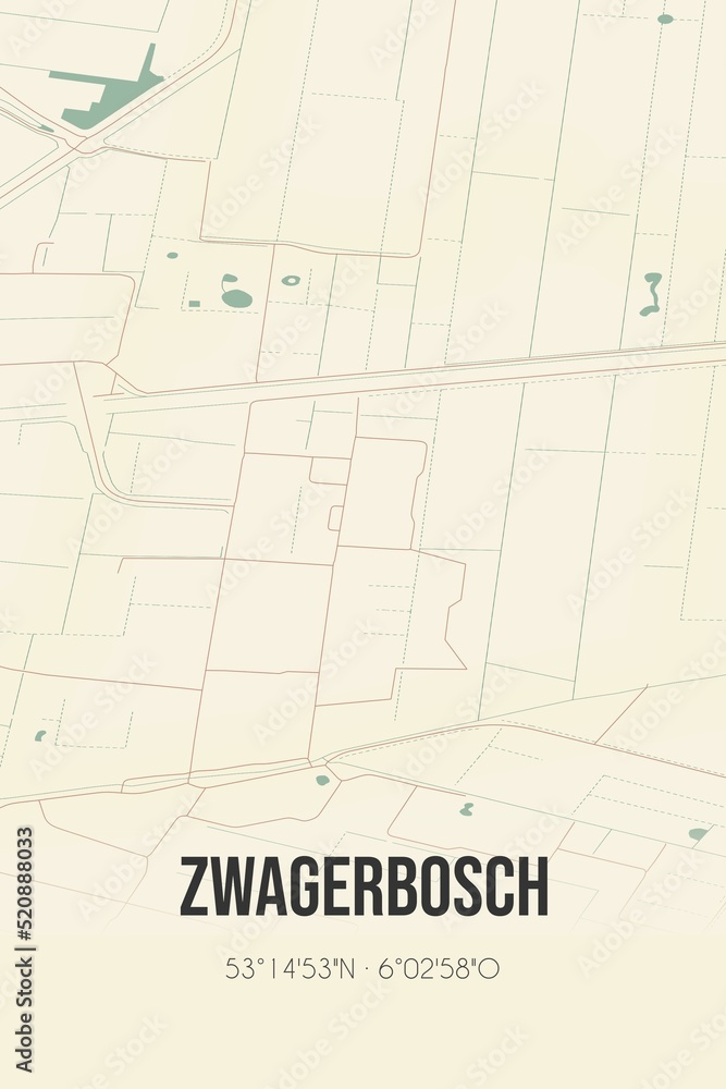 Retro Dutch city map of Zwagerbosch located in Fryslan. Vintage street map. Retro Dutch city map of Zwagerbosch located in Fryslan. Vintage street map.