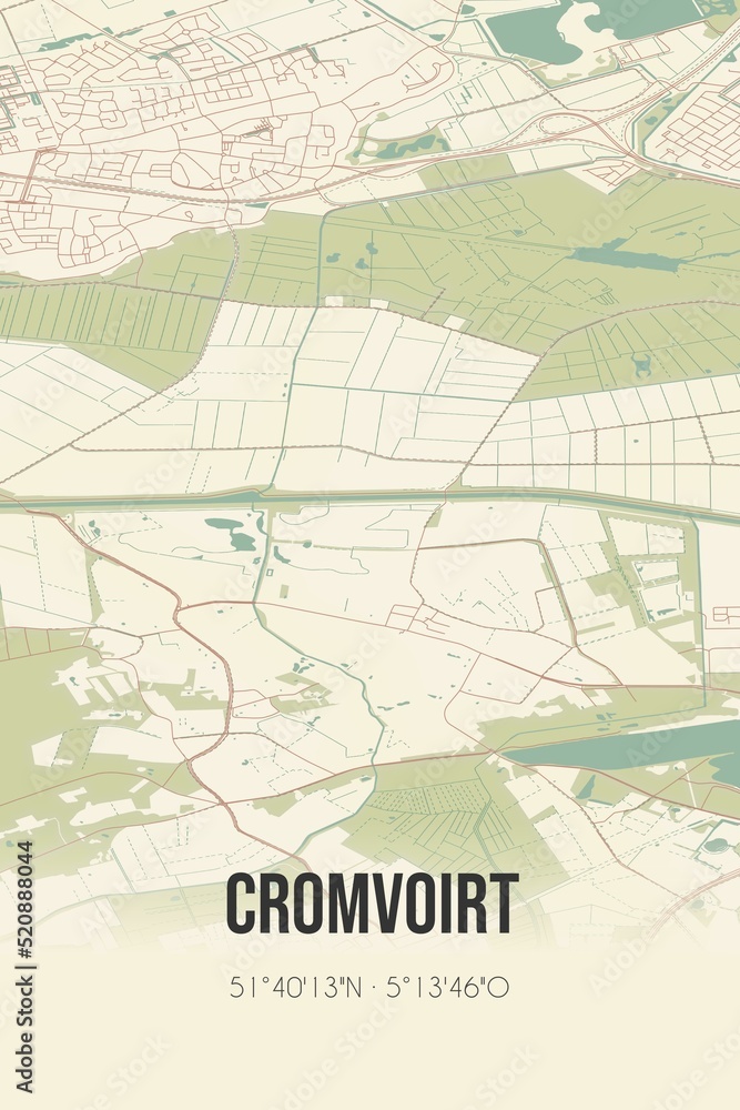 Retro Dutch city map of Cromvoirt located in Noord-Brabant. Vintage street map.