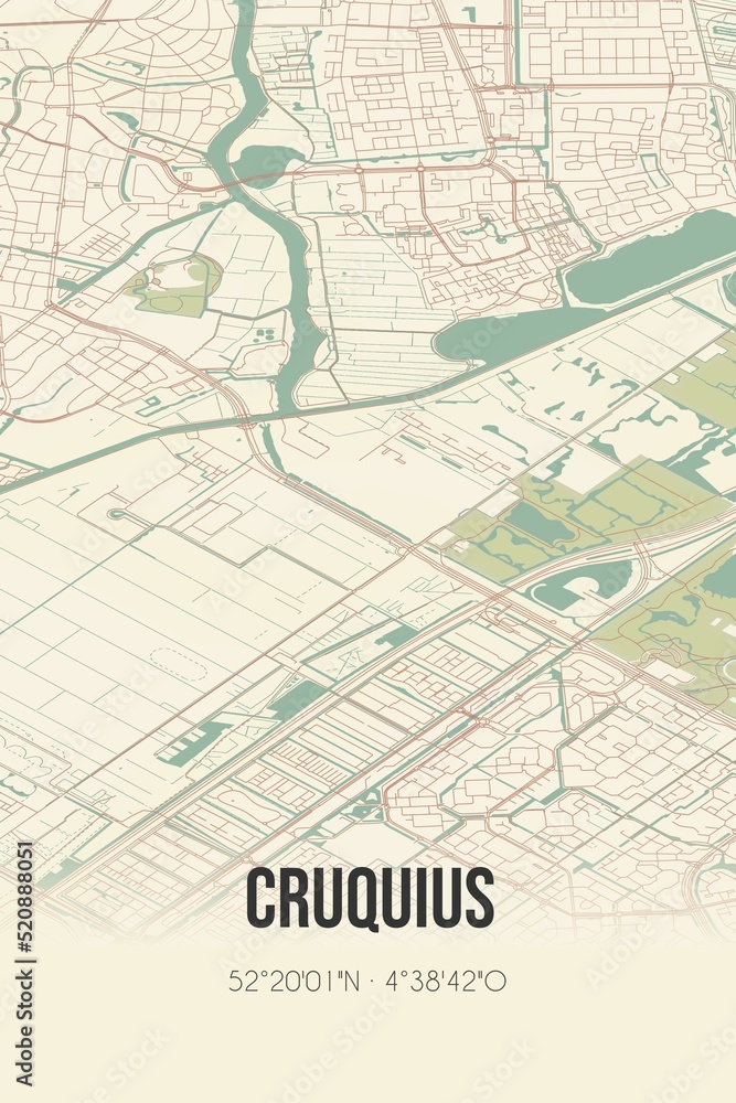 Retro Dutch city map of Cruquius located in Noord-Holland. Vintage street map.