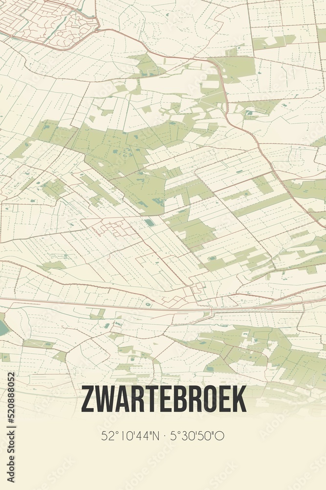 Retro Dutch city map of Zwartebroek located in Gelderland. Vintage street map.