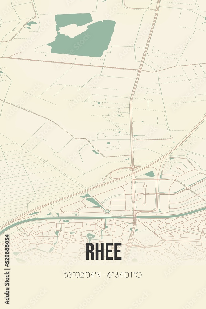 Retro Dutch city map of Rhee located in Drenthe. Vintage street map.