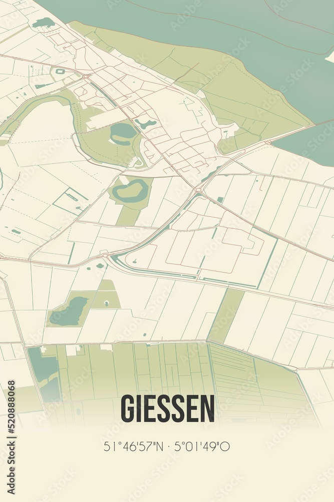 Retro Dutch city map of Giessen located in Noord-Brabant. Vintage street map.