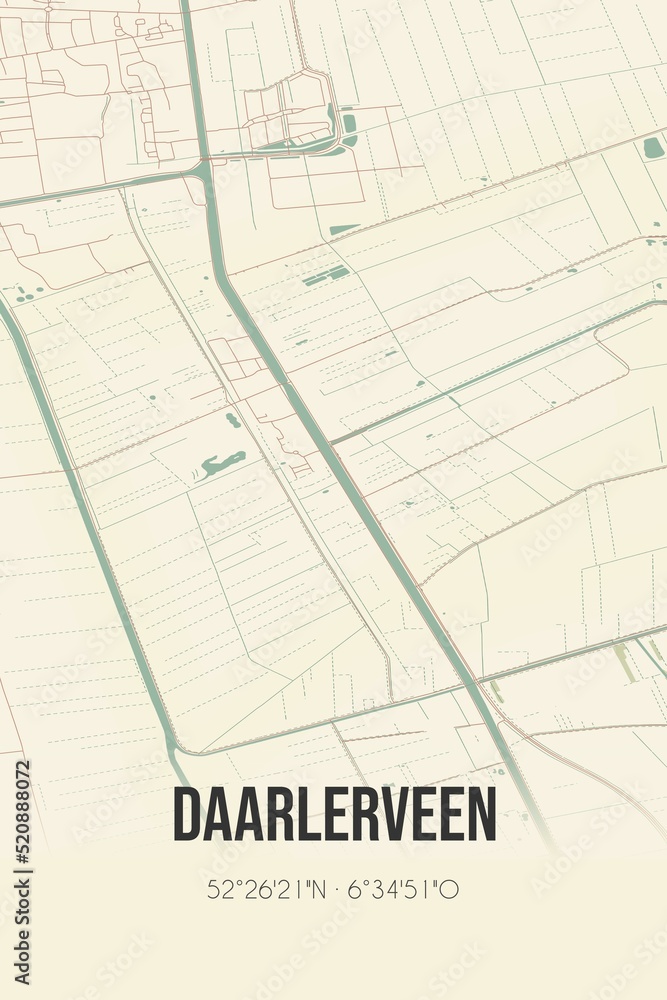Retro Dutch city map of Daarlerveen located in Overijssel. Vintage street map.