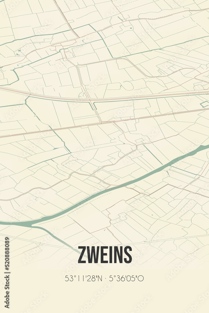 Retro Dutch city map of Zweins located in Fryslan. Vintage street map.