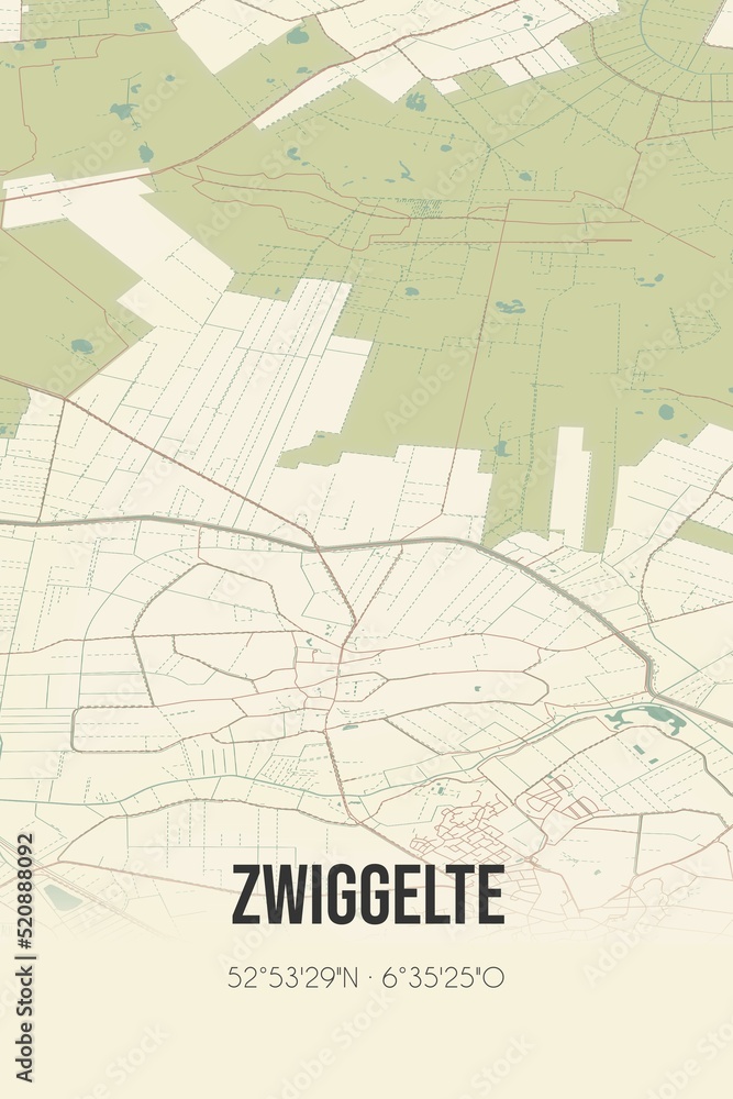 Retro Dutch city map of Zwiggelte located in Drenthe. Vintage street map. Retro Dutch city map of Zwiggelte located in Drenthe. Vintage street map.