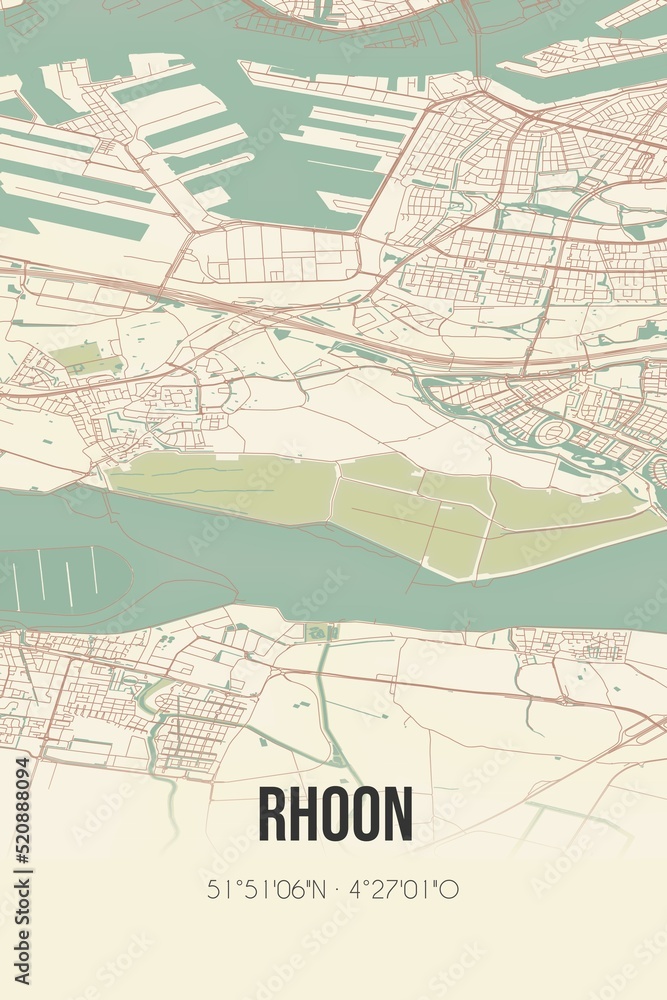 Obraz premium Retro Dutch city map of Rhoon located in Zuid-Holland. Vintage street map.