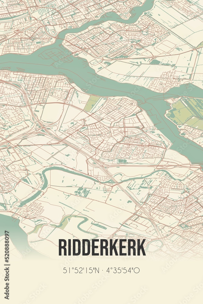 Retro Dutch city map of Ridderkerk located in Zuid-Holland. Vintage street map.