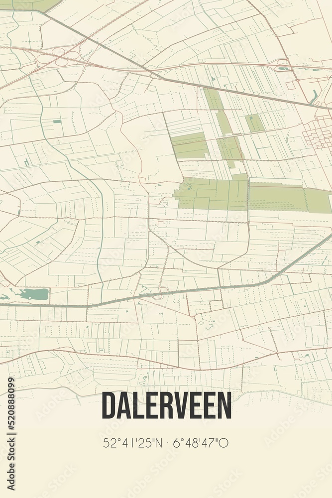 Retro Dutch city map of Dalerveen located in Drenthe. Vintage street map.