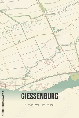 Retro Dutch city map of Giessenburg located in Zuid-Holland. Vintage street map.