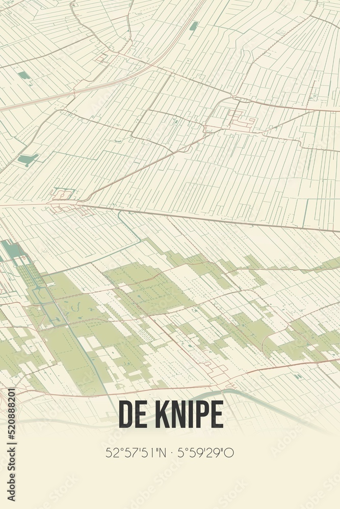 Obraz premium Retro Dutch city map of De Knipe located in Fryslan. Vintage street map.