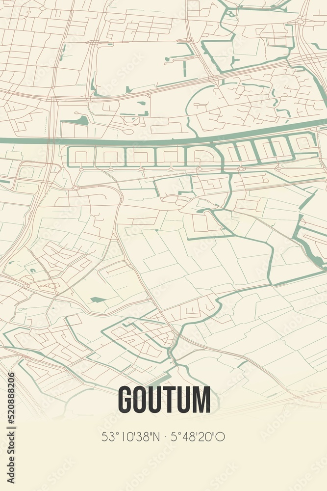 Obraz premium Retro Dutch city map of Goutum located in Fryslan. Vintage street map.