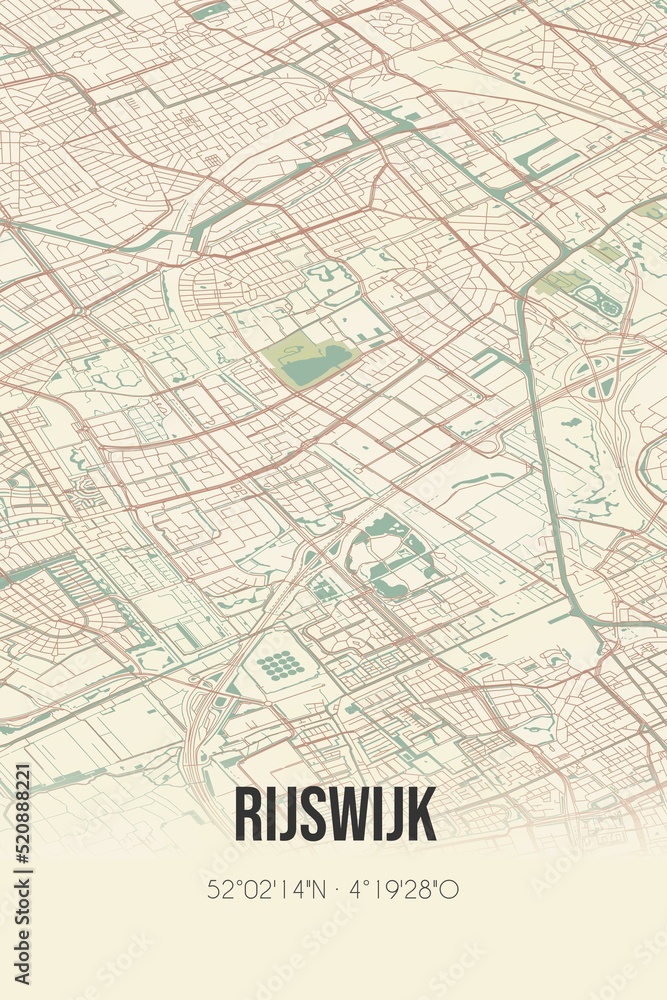 Retro Dutch city map of Rijswijk located in Zuid-Holland. Vintage street map.