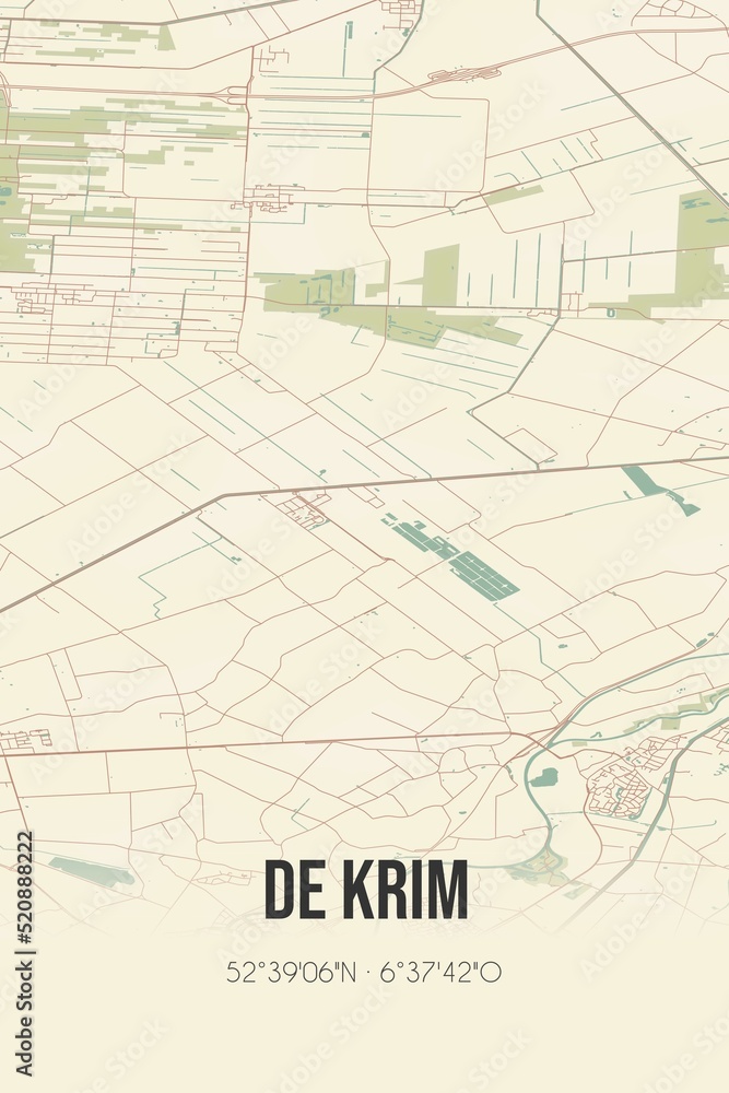 Retro Dutch city map of De Krim located in Overijssel. Vintage street map.