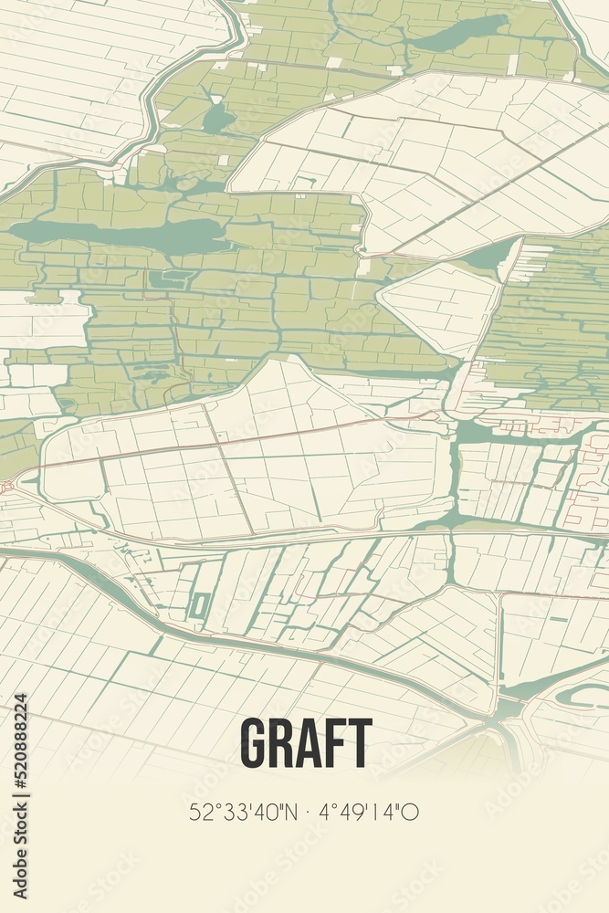Retro Dutch city map of Graft located in Noord-Holland. Vintage street map.