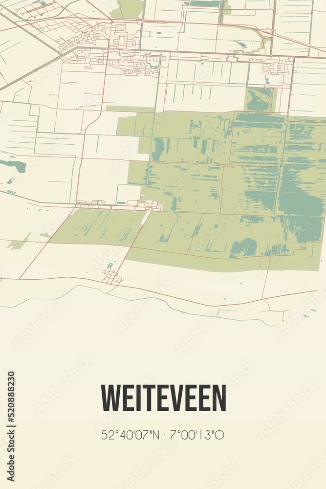 Retro Dutch city map of Weiteveen located in Drenthe. Vintage street map.