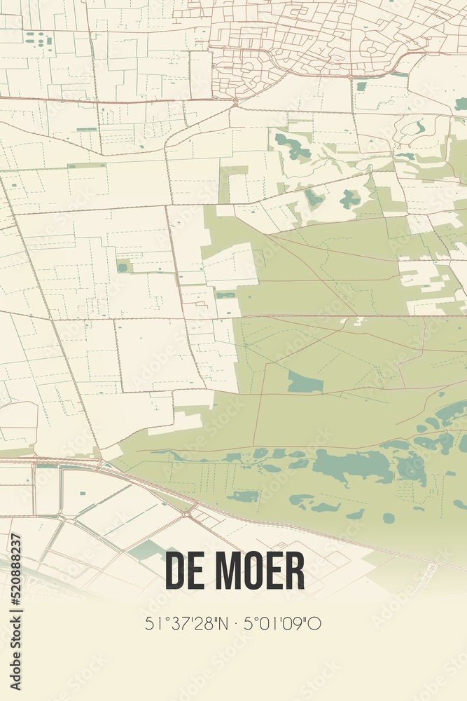 Retro Dutch city map of De Moer located in Noord-Brabant. Vintage street map.